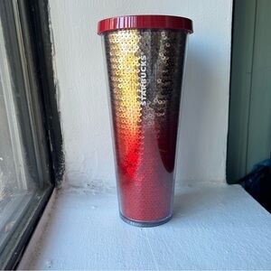 Starbucks Tumbler Red Silver Sequins Holiday Christmas No Straw